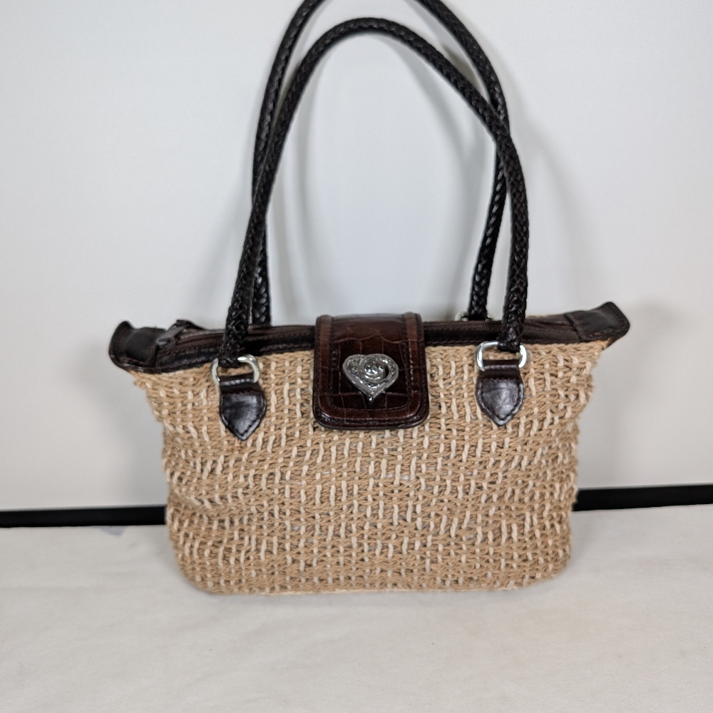 Brighton Straw Handbag Brown Leather Straps Silvertone Hardware Magnetic Clasp